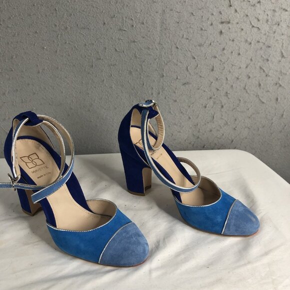 Mavette Shoes Womens 7.5 Blue Suede Nala D'orsay Pump Round Toe  Silver Piping - Picture 14 of 16